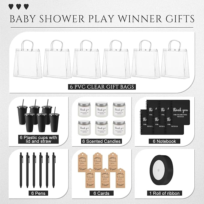 Nuogo 6 Sets New Parent Shower Prizes for Player Winners Adult, Wedding Bridal Shower Gift, Plastic Tumbler Notebook Scented Candle Ballpoint Pen Bag (Black Color,Classic Style)