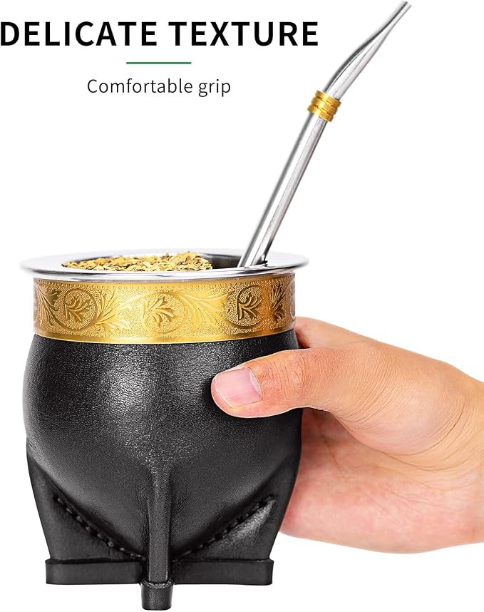 Cuopru Premium Argentina Imperial Yerba Mate Cup with Bombilla Mate (Straw) Set, Baroque Style, Leather Gourd, 304 Stainless Steel Inner (Black)