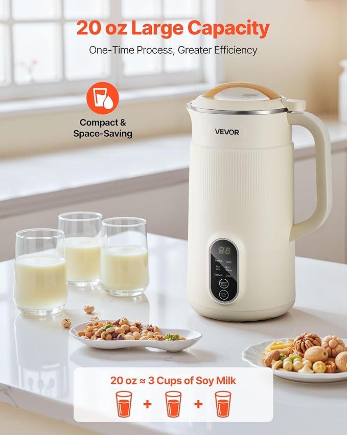 VEVOR 6-in-1 Nut Milk Maker, 20 oz Soy Milk Maker Machine with 6 Blades, for Homemade Oat, Nut, Soy, Juice, Plant-Based and Non Dairy Beverages with High-Temp Self-Cleaning, Boil Water, 12-Hour Delay