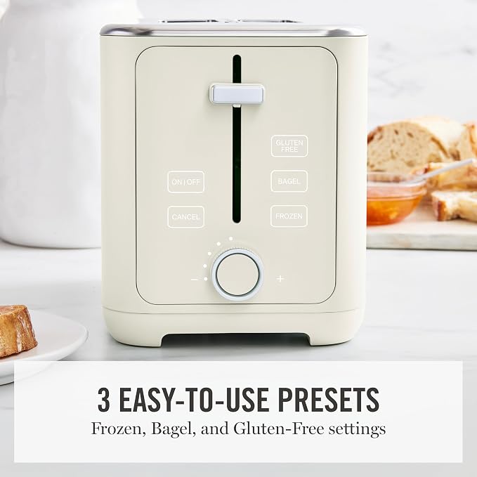 Martha Stewart 2 Slice Toaster, 10 Shade Settings with Defrost, Cancel, Bagel & Gluten-Free, Extra-Wide Self-Centering Slots for Waffles & Artisan Bread, Removable Crumb Tray, Cord Wrap, Linen Cream