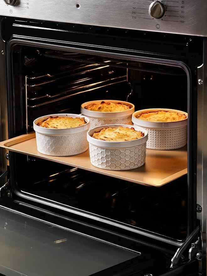 LE TAUCI Ramekins 12 oz, Ramiken for Creme Brulee, Souffle, Dipping Sauce, Ceramic Embossment Housewaming Present -4.8 inch, Set of 4, Arctic White