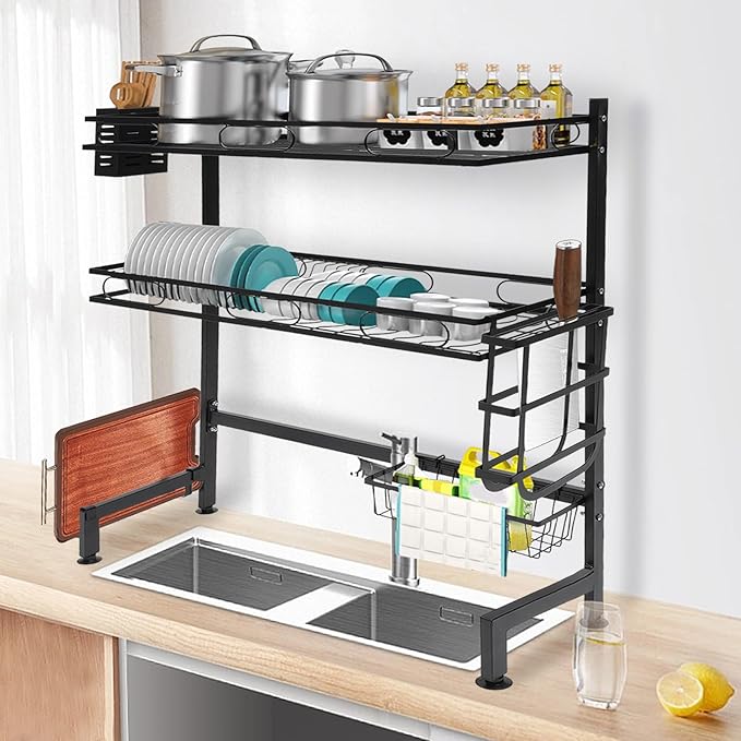 2-Tier Over Sink Dish Drying Rack Cutlery Drainer Kitchen Shelf Cup Organizing 25.6*11.02*32.28in, for Storing Seasonings, Dishes, Chopsticks, Cutting Boards, Knives, Forks, Soaps, Sponges