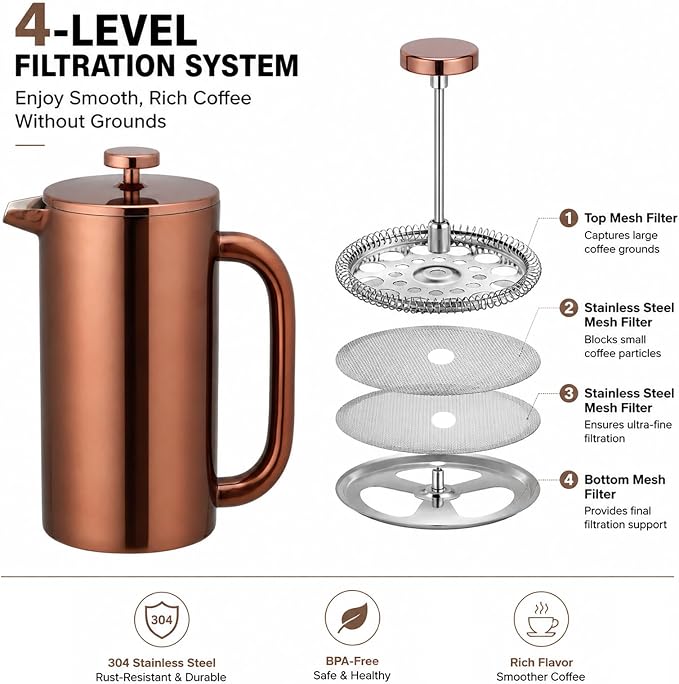 8-Cup Double Wall Insulated Stainless Steel French Coffee Press, 32-Ounce Durable Coffee Tea Maker with Stainless Steel Plunger, Copper
