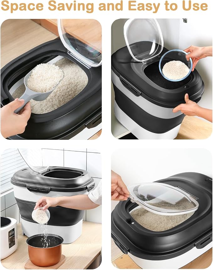 20-50 Lbs Food Storage Containers,Collapsible Rice Container with Wheel Airtight Locking Lid,Flour Storage Container with Small Food Container and Scoop,Suitable for Food,Rice,Pet Food,Flour