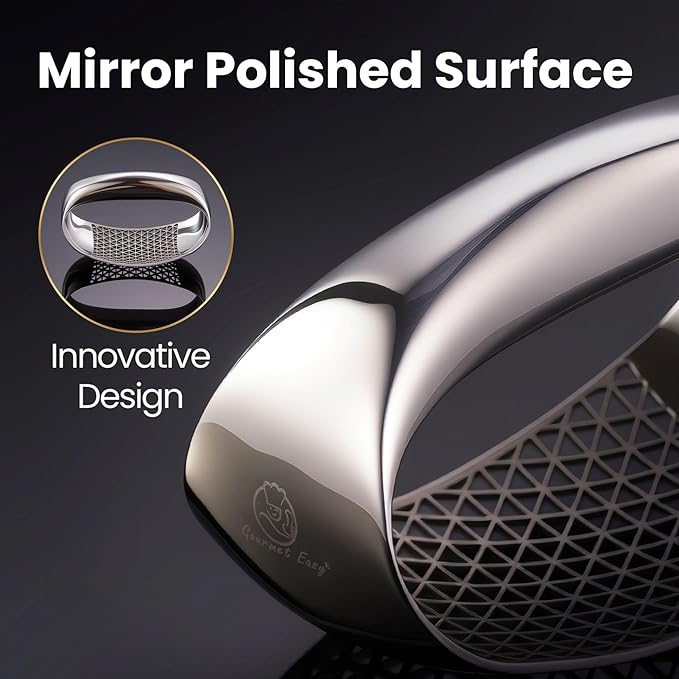 Garlic Press Rocker Stainless Steel with Eject Base + Scraper Spoon, Innovative 3D Cutting, Easy Crush & Clean Garlic Mincer, Premium Garlic Peeler Tool with Non-Slip Ergonomic Grip, 5 Year Warranty