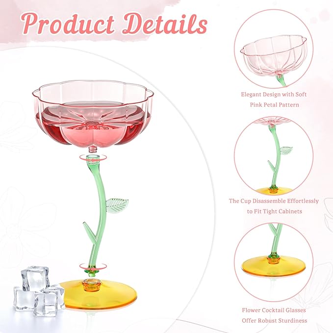 24 Pcs Pink Plastic Ribbed Coupe Glasses Detachable 7oz Flower Cocktail Glasses Modern Wavy Plastic Cocktail Coupes Disposable Martini Glasses Mimosa Glassware Champagne Goblets (24, PInk)