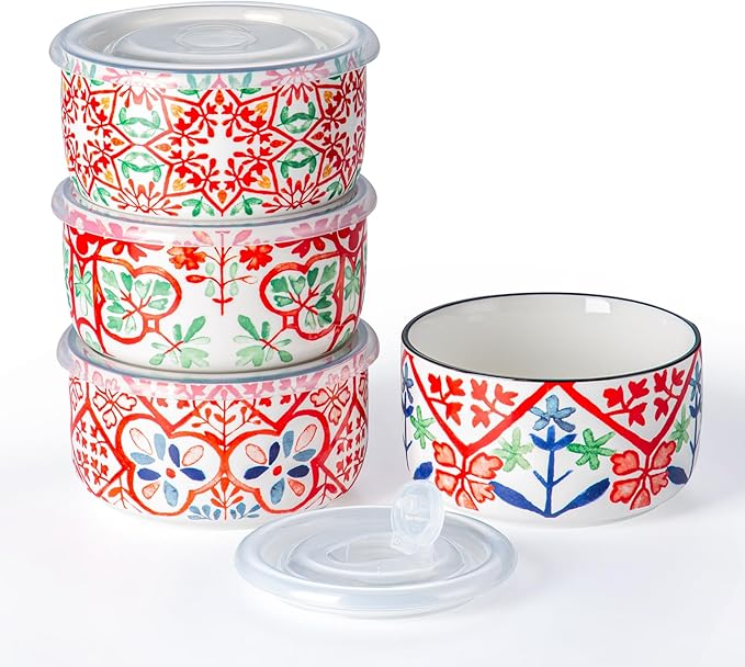 Ceramic Bowls Set with Lids: Set of 4 Microwave Safe Bowls for Soup Meal Prep Cereal Salad Fruit - Food Storage Containers with Lids for Work Lunch Pinic Camping - Pattern A1
