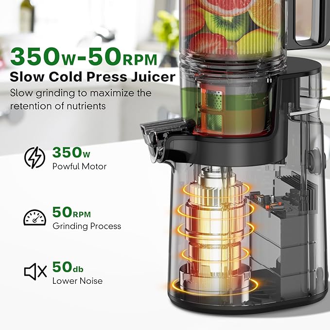 Cold Press Juicer, Masticating Juicer with 5.4" Wide Feed Chute, 350w Slow Juicer Machines Fit Whole Vegetables and Fruits with High Juice Yield, Easy to Clean (Pink)