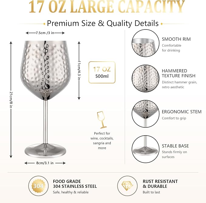 UNISWEET Stainless Steel Wine Glasses Set of 4 Unbreakable (Silver) | 17 oz Large-capacity Hammered Goblets, Lightweight & Reusable, Good for Outdoor, Camping, Pool Travel, Gift for Wine Lovers