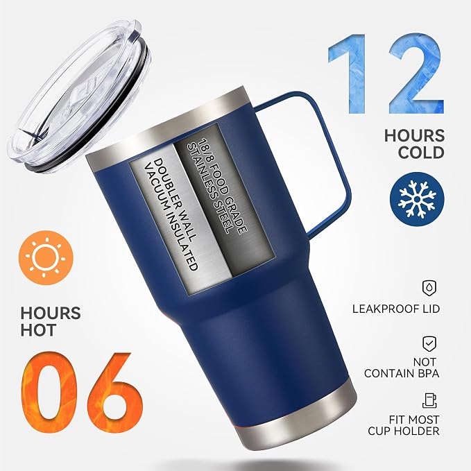 30 oz Tumbler with Handle and Lid, Stainless Steel Tumblers Bulk Double Wall Vacuum Insulated Travel Mug Leak Proof Cup Keep Drinks Cold and Hot Navy, 4 Pack