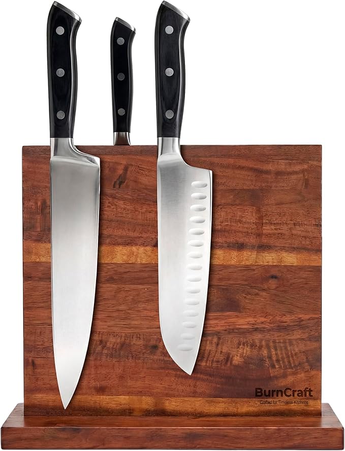 Magnetic Knife Block Acacia Wood, 12 x 10 Inch Double Sided Magnetic Knife Holder with Strong Enhanced Magnets, Wooden Knife Organizer Stand for Kitchen Countertop, Without Knives