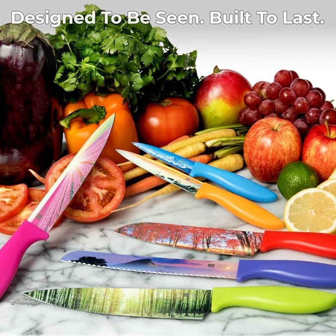 CHEF'S VISION Landscape Knife Set - 6-Piece Stainless Steel Cutting Knives Set for Kitchen with Stunning Nature Scenes - Perfect House Warming Gift for Women or Men - Unique Kitchen Knife Set Gift