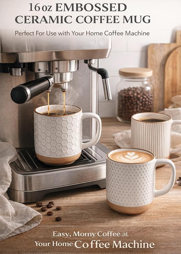 GBhome Large Coffee Mugs Set of 6, 16oz Handmade Stoneware Coffee Mugs Set with Large Handle for Cappuccino/Latte/Tea/Hot Cocoa, Dishwasher & Microwave Safe, Off White