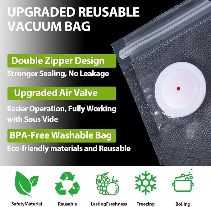 60 PCS Vacuum Sealer Bags for Food, BPA-Free Reusable Vacuum Zipper Bags with Upgraded Air Valve, Sous Vide & Meal Prep Vacuum Storage Bags, Compatible with Handheld & External Vacuum Sealer Machines