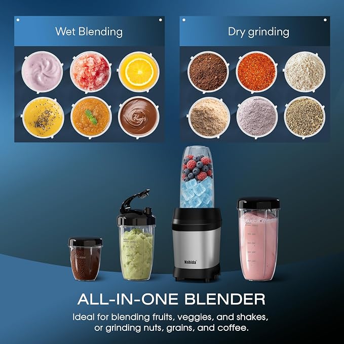 Nahida Blender for Smoothies, 1200W Smoothie Blender for Ice Crushing, Blenders with (2) 6-Fin Blades, Personal Blenders for Kitchen with 23oz, 32oz, 37oz Easy Go Cups for Juices, Silver