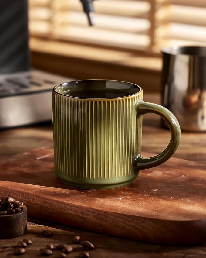 famiware Coffee Mug Set for 4, Star 12 oz Catering Mugs Cup Set with Handle for Coffee, Tea, Cocoa, Milk - Ceramic Stoneware Drinkware Set, Moss