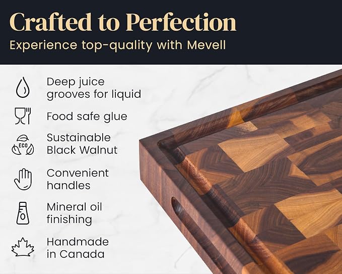 Mevell Walnut End Grain Cutting Board for Kitchen, Reversible Extra Large Wooden Butcher Block With Juice Grooves, Made in Canada (Walnut, 20x13x2)
