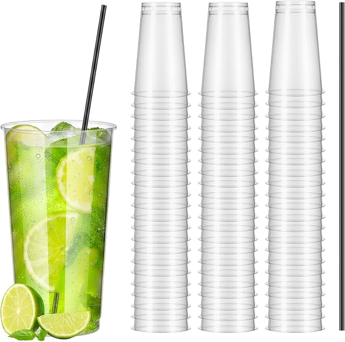 Plastic Highball Glasses with Straws(set of 48), 12 oz Shatterproof Drinking Cups, Tall Whiskey Collins Glass with Straws, Smoothie Tumbler Mojito Cocktail Cups for Wedding Fall Xmas Party