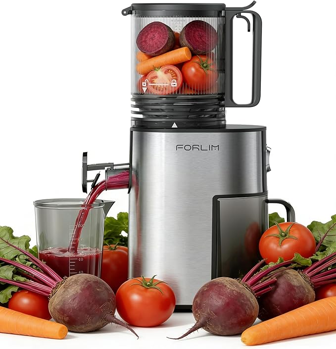 FORLIM Heavy Duty Cold Press Juicer, 250W Motor & 136mm Wide Feed Chute for Whole Produce, Simple Removable Parts for Quick Cleaning, High Nutrient Extraction for Wellness Shots, Silver Metallic