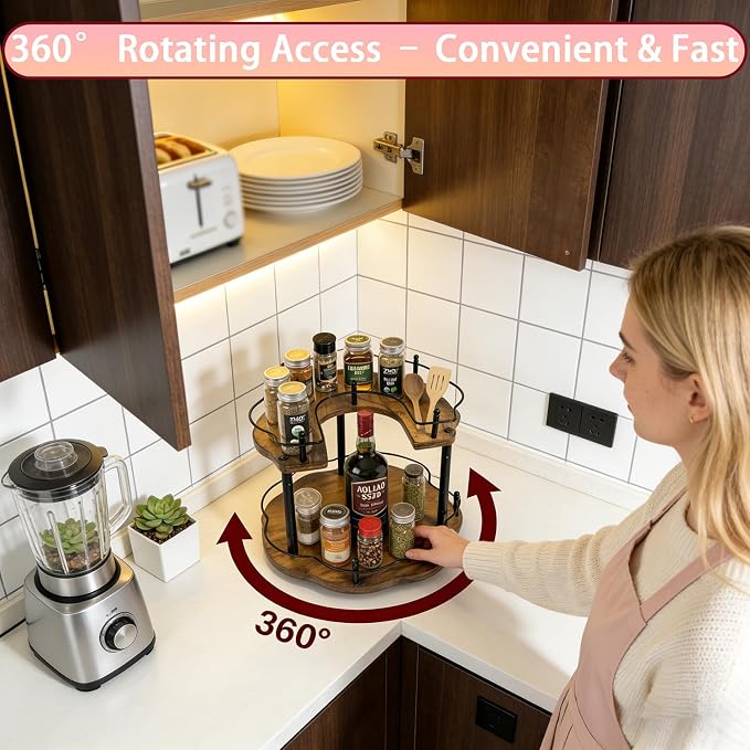 12 Inch Wood Lazy Susan Organizer Spice Rack, Lazy Susan Organizer, Height Adjustable Spice Rack, Kitchen Cabinet Storage and Pantry Turntable for Seasonings, Cans, Jars