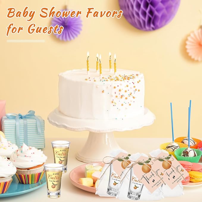 Pickmesh 25 Sets Little Cutie Baby Shower Shot Glasses for Guests Include Little Cutie Is on The Way Acrylic Shot Glasses Oranges Cards Bags for Gender Reveal Orange Theme Tangerine Party Supplies