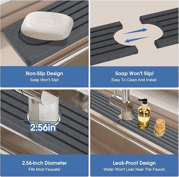 Faucet Mat for Kitchen Sink Protectors, Super Absorbent Faucet Splash Guard, Diatomite Stone Sink Tray, Stone Drying Mat for a Variety of Uses Around the House Where Water, Moisture is Plentiful