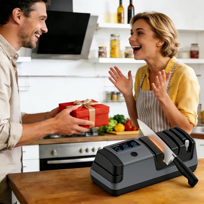 5-in-1 Electric Knife Sharpener for Kitchen Knives, Scissor Sharpener with 3-Speed & 100% Diamond Abrasives-Quickly Sharpening for Straight, Serrated, Meat Cleaver, Ceramic Knives & Kitchen Knives