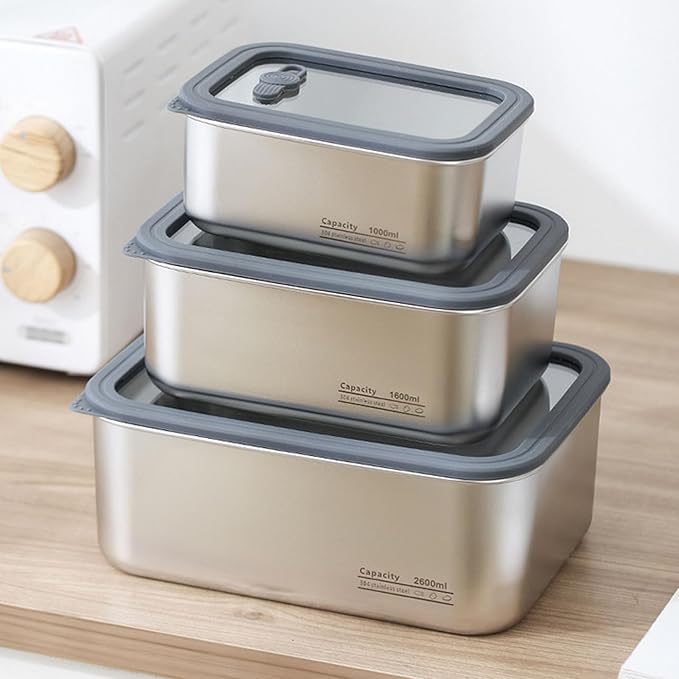 3PCS Food Storage Container Set 304 Stainless Steel Food Prep Container Lunch Box with Airtight Glass Lid for Kitchen