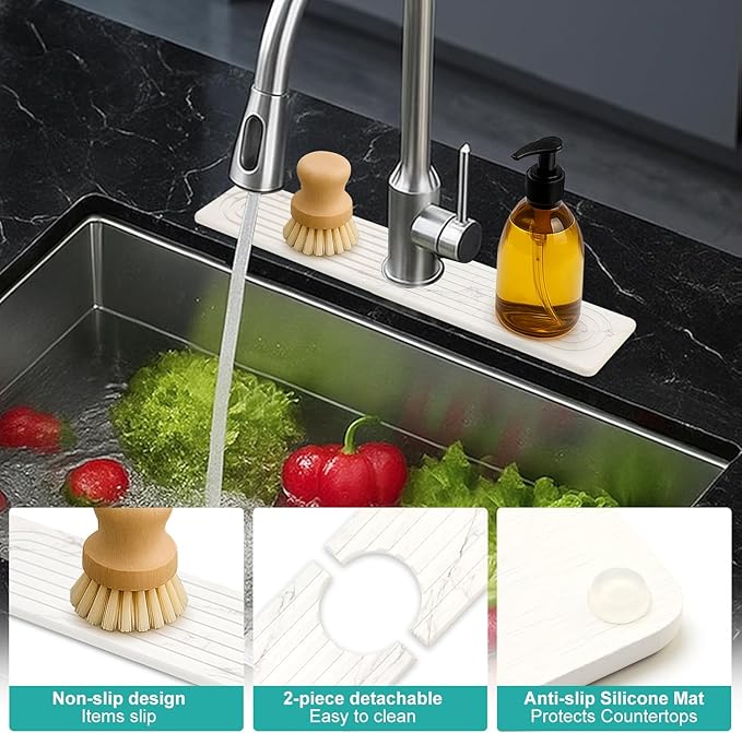 Small White Marble Stone Faucet Mat for Kitchen Sink Water Absorbing Durable Protector for Bathroom Counter Diatomite Quick Drying Stone Tray Sink Splash Guard Kitchen Faucet Mat