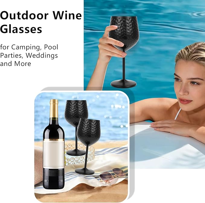 UNISWEET Stainless Steel Wine Glasses Set of 4 Unbreakable (Matte Black) | 17 oz Large-capacity Hammered Goblets, Lightweight & Reusable, Good for Outdoor, Camping, Pool Travel, Gift for Wine Lovers