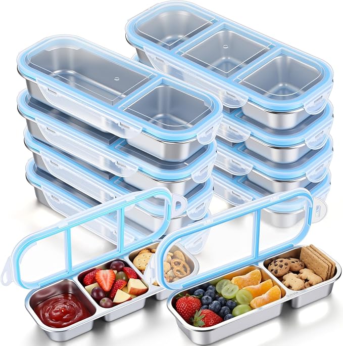 8 Pack Stainless Steel Snack Containers with Leak Proof Lids, 2/3 Compartments Metal Bento Lunch Box, Reusable Divided Food Storage Container for Adults Home Travel Work (Blue)