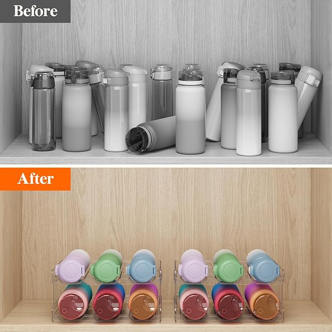 Lifewit 2 Tier Stackable Water Bottle Organizer for Cabinet, 3 Pack Plastic Bottle Holder Fits 6 Bottles/Tumblers up to 3.8" Diameter for Pantry/Countertop/Cupboard, 28 x 19 x 15 cm/11 x 7.5 x 5.7"