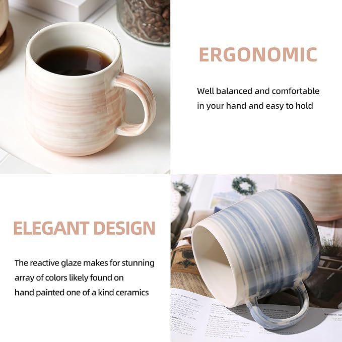 Coffee Mugs Set of 4, 12 oz Mugs Set, Ceramic Coffee Cups with Large Handles, Pastel Gradient & Striped Designs， Dishwasher and Microwave Safe Mugs for Coffee, Tea, Milk
