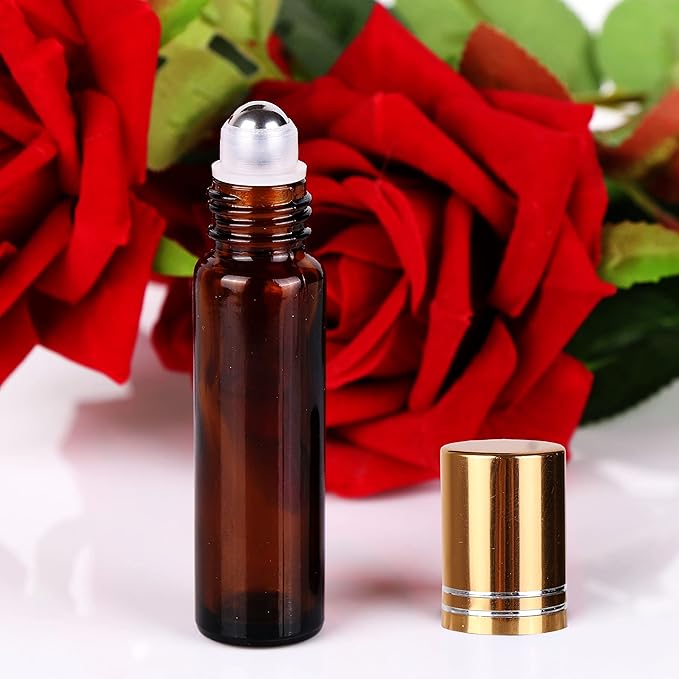 inice 24 Pack Roller Bottles for Essential Oils, Amber Galss 10ml Roll On Bottle with Stainless Steel Roller Balls and Metal Caps