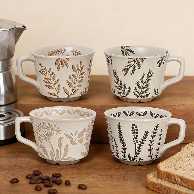 Vintage Ceramic Mug Set - 12 oz Unique Ceramic Coffee Mugs & Tea Cups with Hand-Drawn Patterns, Dishwasher & Microwave Safe, Ideal Gift
