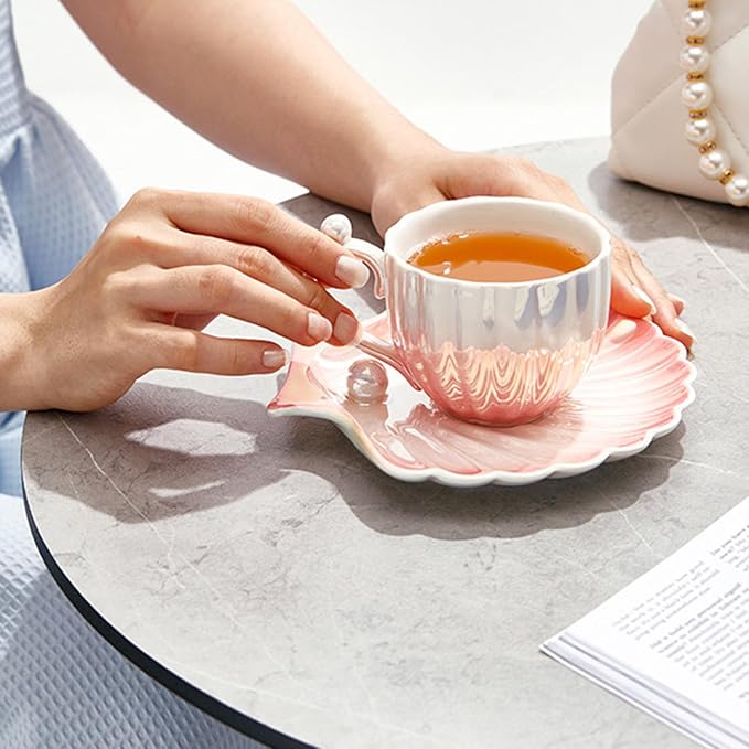 Pearl Shell Cup and Saucer - 8oz Gradient Ceramic Coffee Mug, Vintage Tea, Cappuccino, Latte Art for Birthday Gift (Gradient Pink)