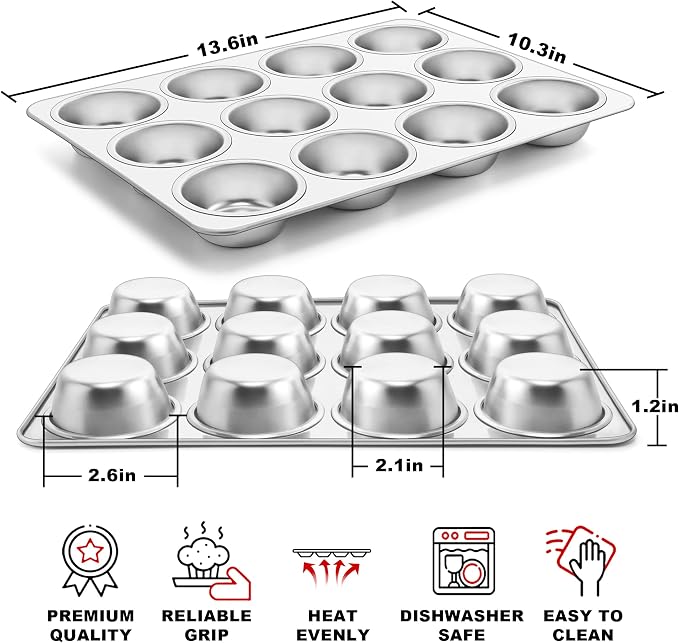 TeamFar 12-Cup Muffin Pan, Stainless Steel Cupcake Pans Muffin Tin Set for Oven Baking Mini Brownies Quiches Tarts, Non Toxic & Regular Size, Dishwasher Safe – Set of 2