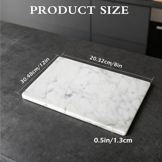 Marble Cutting Board for Kitchen- 12 * 8 Inch Handcrafted Marble Slab for Cheese, Charcuterie, Pastry & Deli – Non-Slip Feet,Rectangular Serving & Chopping Slab for Countertop (White)