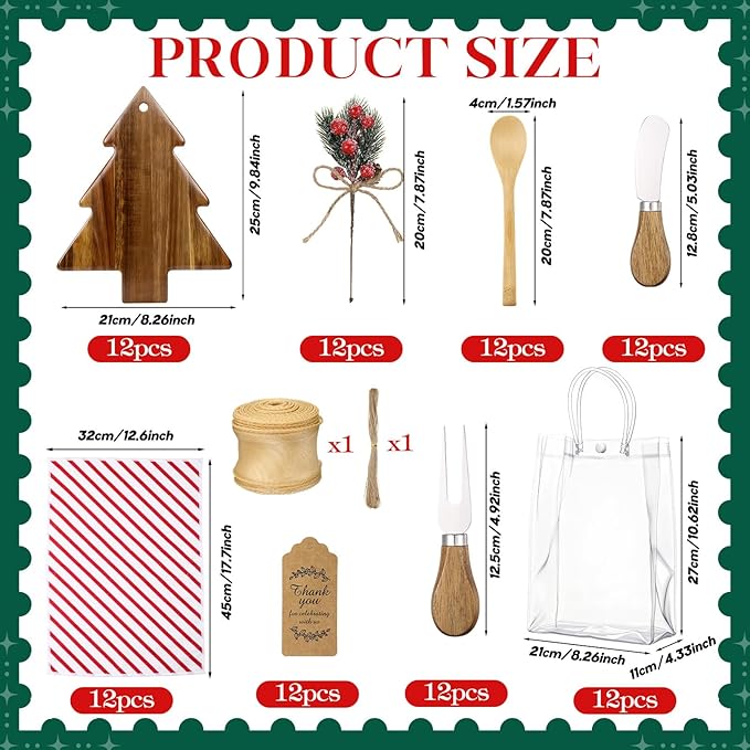 Potchen 12 Set Christmas Kitchen Gifts Wood Cheese Board Fork Spoon Butter Spreaders Dish Cloth Thank You Card Ribbon and Gift Bags for Merry Christmas Cooking Serving Xmas Utensils Gifts (Tree)