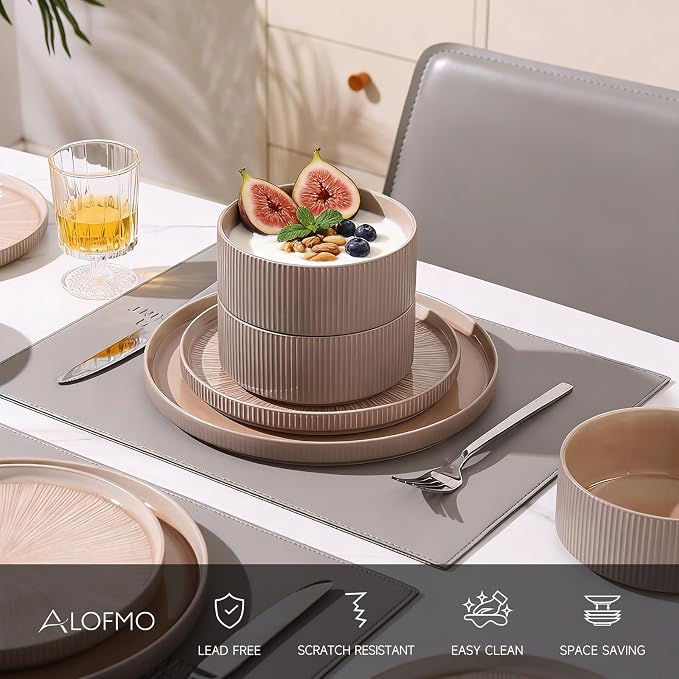 Dinnerware Sets for 4, Ceramic Plates and Bowls Set 12 Piece Dinnerware Chip Resistant Stoneware with Advanced Inkjet Printing Technology, Dishwasher and Microwave Safe-Dusty Brown
