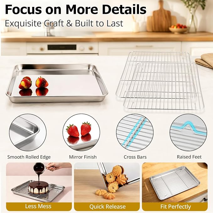 Onader Baking Sheet with Wire Rack 9x13IN Stainless Steel Quarter Sheet Pan | Cookie Sheet and Cooling Rack Set of 2, Metal Toaster Oven Pan Tray, 2 Pans + 2 Racks