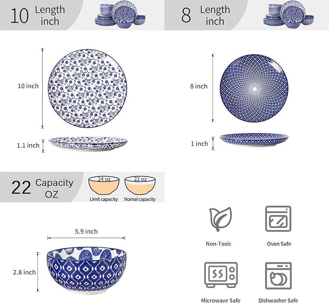 Selamica Ceramic Plates and Bowls Sets,18 Pieces Retro Floral Dinnerware Sets for 6,Dishwasher & Microwave Safe dish set,Family & Holiday Dining, Vintage Blue