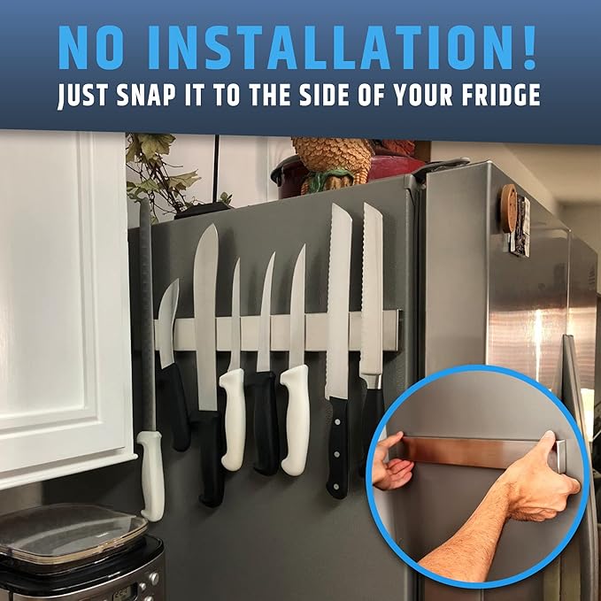 17" Premium Magnetic Knife Holder for Refrigerator (Double-Sided Heavy-Duty Magnets) - Upgraded Strip for Strong Fridge Mount - Clear Up Counter Space - 304 Anti-Rust Stainless Steel (Upgraded Design)