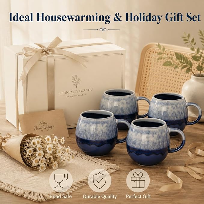 Coffee Mugs Set of 4 | 16 oz Ceramic Coffee Mugs | Lead-Free | Comfortable Handle | Microwave and Dishwasher Safe | Stoneware Latte Cups for Tea & Cappuccino| Unique Father's Day & Holiday Gifts