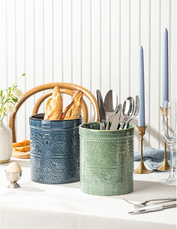 Kitchen Utensil Holder, 7 Inches Large Ceramic Utensil Holder for Countertop, Lace Emboss Cooking Utensil Crocks for Kitchen, Home Decor, Off-White, Forest Green