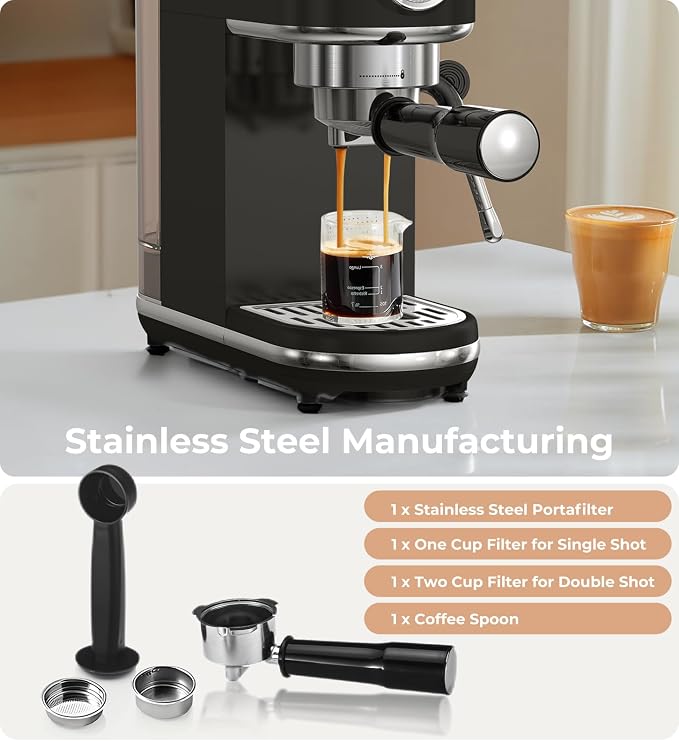 Atatix 20 Bar Espresso Machine with Milk Frother, Professional Compact Espresso Maker, Stainless Steel Coffee Machine with Precise Temp Control & 44oz Removable Water Tank for Latte, Cappuccino, Black