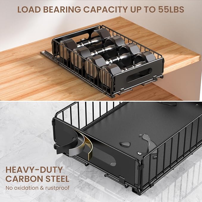 4 Pack Pull Out Cabinet Organizer, Heavy Duty Slide Out Drawer with No Drill Adhesive or Screw Mount, Carbon Steel Roll Out Shelf for Kitchen Cabinet, Pantry & Bathroom Storage