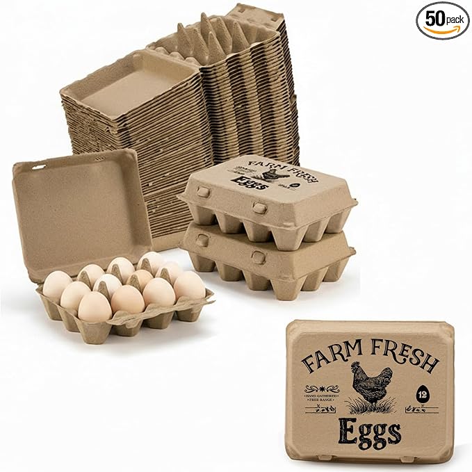 50 Pack Egg Cartons, 3x4 Style Paper Pulp Egg Trays with Printed Design, Sturdy & Reusable Egg Holder 12 Count Dozen Chicken Egg Storage Tray for Farmers, Home Use & Transport