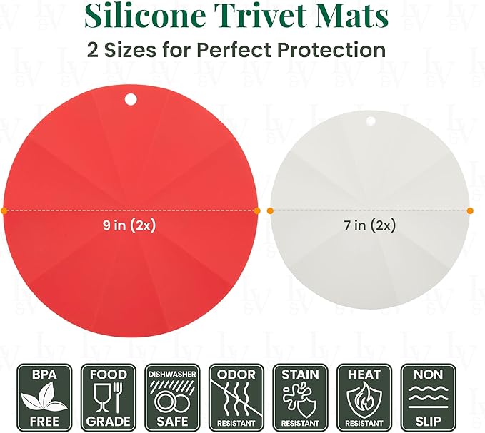 Larder & Vine Silicone Trivets for Hot Pots and Pans | Set of 4 Round Hot Pads for Kitchen | 7” & 9” Trivets for Hot Dishes | Heat-Resistant Silicone Mats for Kitchen Counter | Cabernet/French Gray