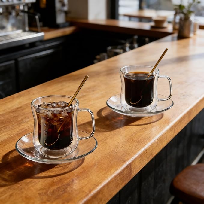Double Wall Glass Teacups and Coffee Mugs Set, Clear, 8.5oz, 2 Pack | Waisted Style Tumblers With Saucer and Spoon, For Cappuccino, Latte, Hot and Cold Drinks